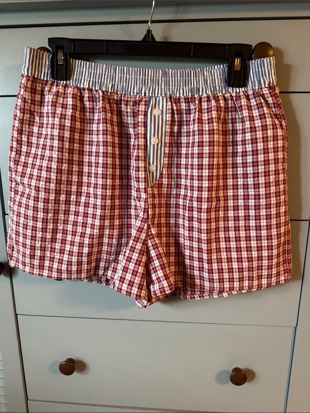 Sincerly Jules Red and White Plaid Lounge Boxer Shorts with Striped Waistband